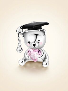 S925 Silver Graduation Teddy Bear Charm Pink Heart CZ Pandora Fit Grad Gift